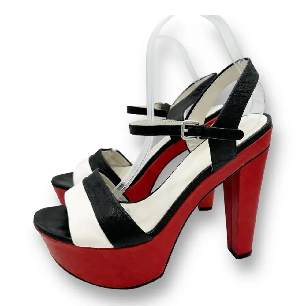 Stuart Weizmann Black Red and White Wide Strap Platform Sandals with Ankle Strap